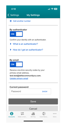 authenticator app on mobile device my settings
