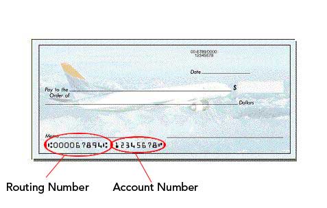 An example check showing the location of the Routing and Account numbers